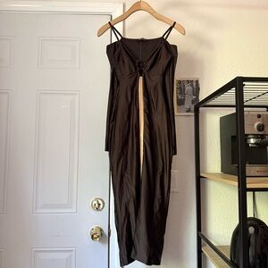 IN/ONE brown satin hook eye bodycon cutout long sleeve midi dress